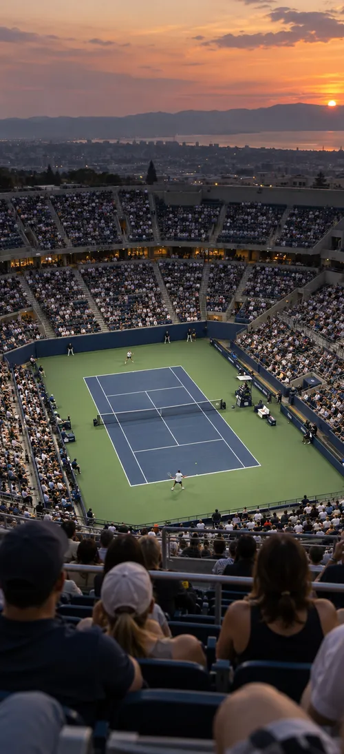 Tennisarena bei Sonnenuntergang mit vollen Rängen