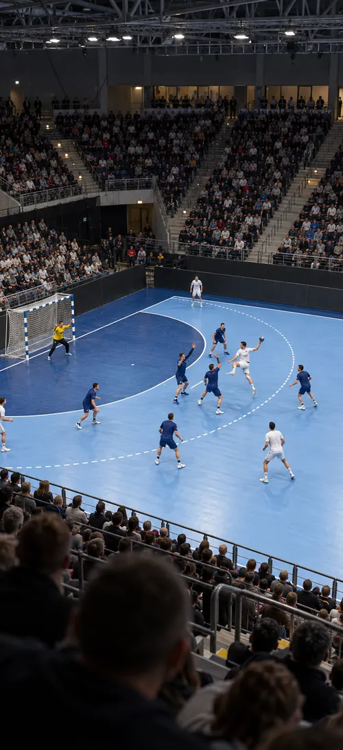 Handballspiel in einer voll besetzten Halle